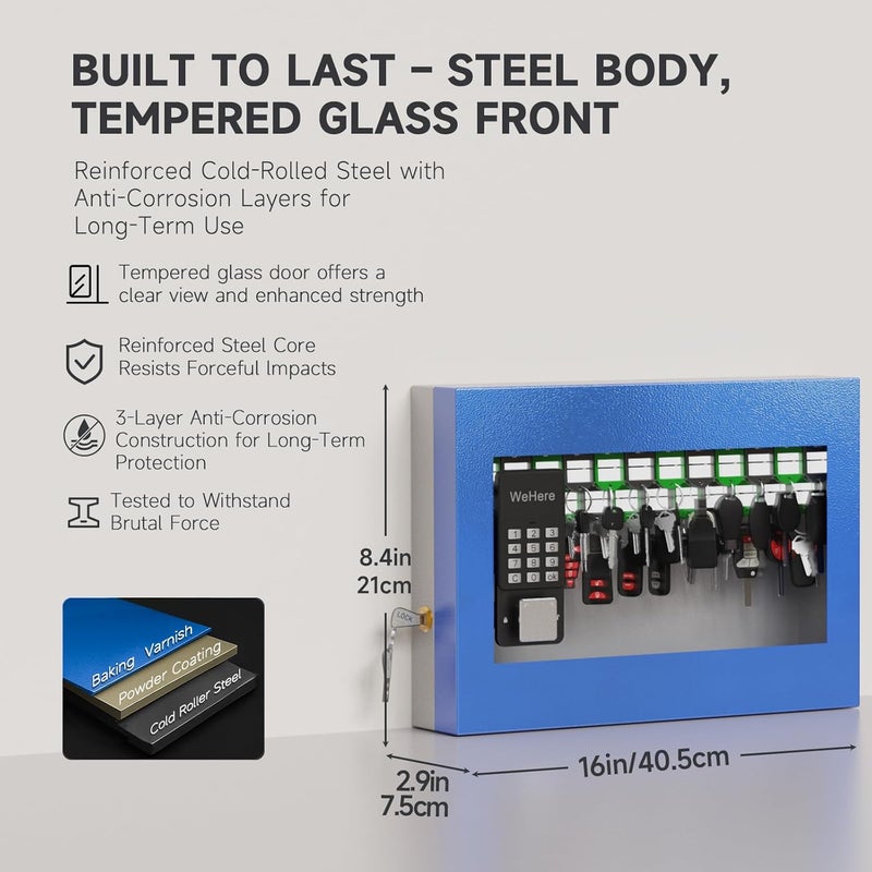 WeHere 24 Key Lock Box Wall Mount, Securty Key Cabinet with Key Tags, Key Organizer Box for Business, Home, Office, Hote, Garage, APP Bluetooth/OTP/Fixed Code/Key/Wi-Fi Unlock, Tempered Glass Door - Image 2